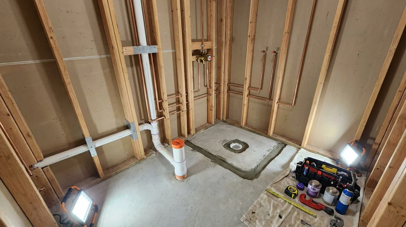 Bathroom rough-in plumbing during remodel by Johns Plumbing LLC in Saint Croix Falls