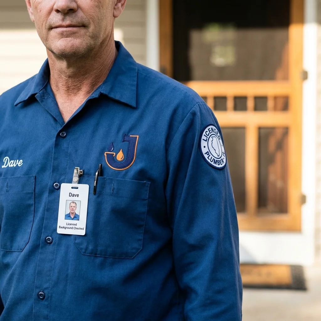 Licensed plumber showing ID badge in Saint Croix Falls, WI