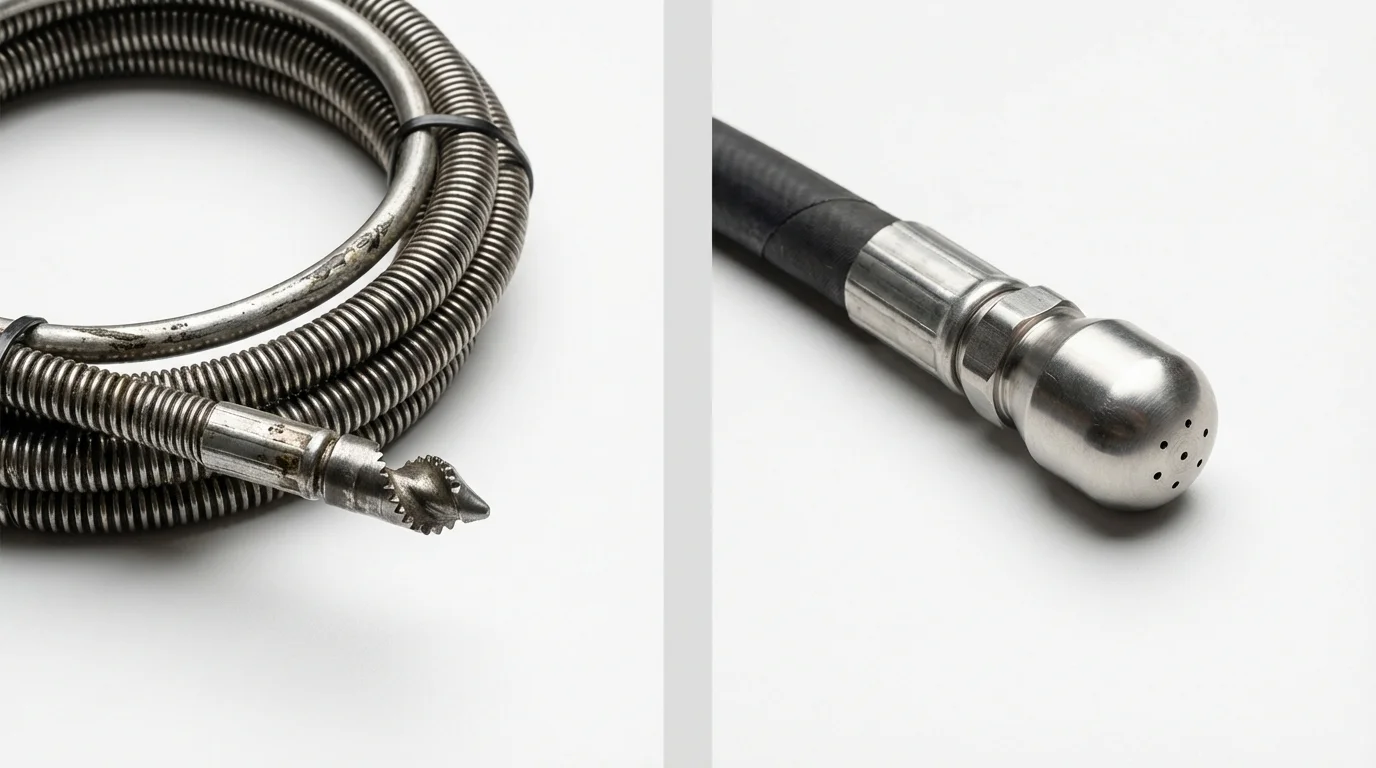 Drain snake cable and hydro jetting nozzle used for drain cleaning in Saint Croix Falls, WI