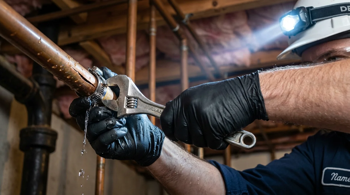 Emergency pipe clamp repair being performed by a Johns Plumbing LLC plumber in Saint Croix Falls