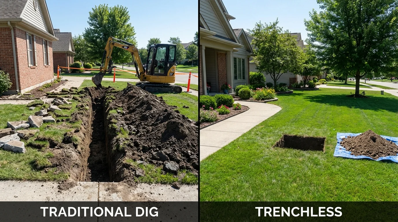 Trenchless sewer repair with minimal yard damage versus traditional excavation in Saint Croix Falls, WI
