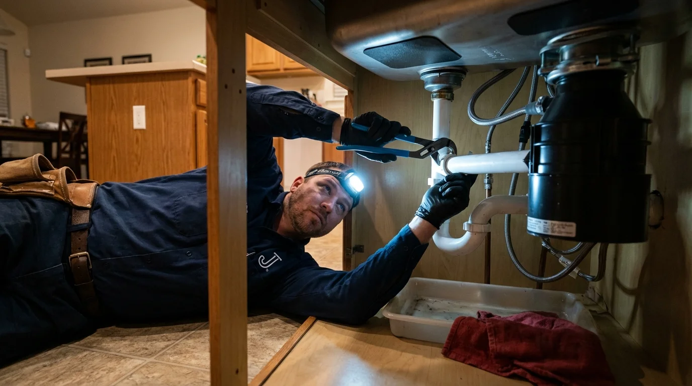 P-trap and supply line connections under a kitchen sink showing a common leak point in Saint Croix Falls, WI